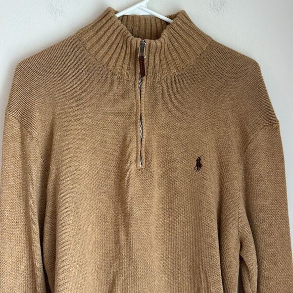 Ralph Lauren Men Women Unisex knit pullover Brown Zip-Up quarter zip Sweater LG - Picture 2 of 8